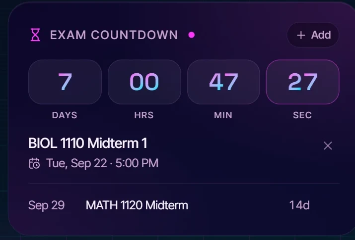 Dashboard exam countdown: 7 days to BIOL 1110 Midterm 1