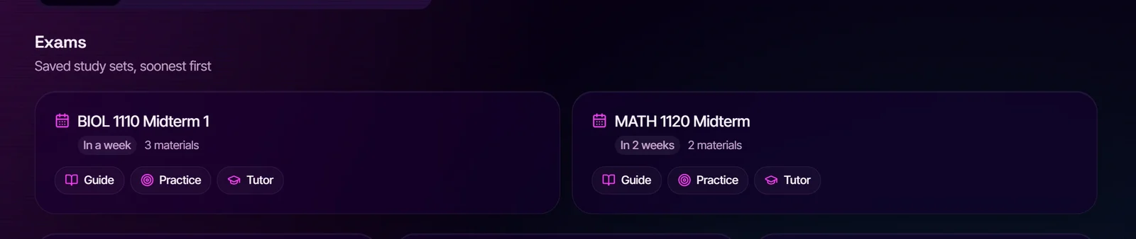 Study Center exam cards: BIOL 1110 Midterm 1 in a week with 3 materials and Guide, Practice and Tutor buttons