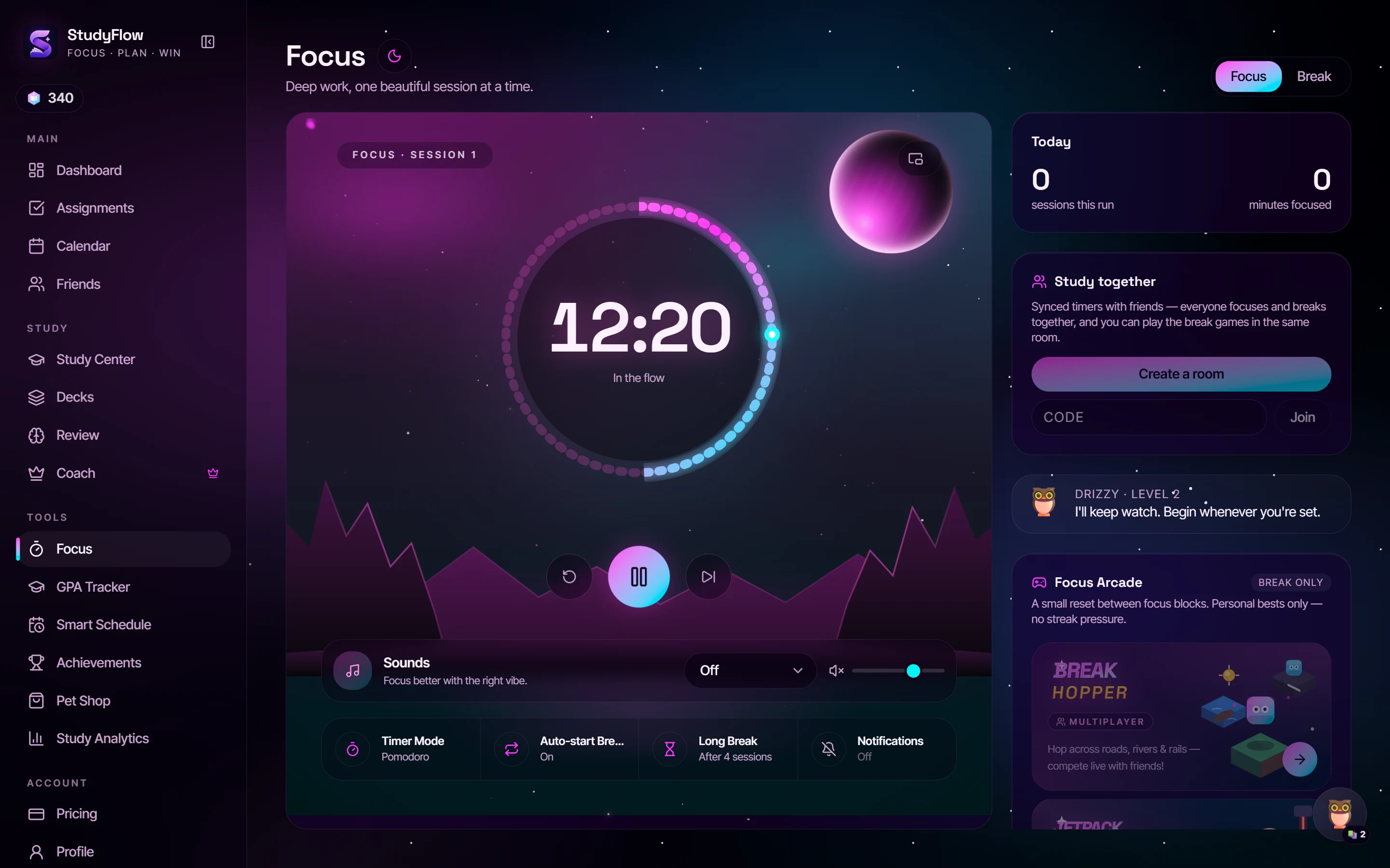Focus timer with the Galaxy backdrop enabled in Cyber Neon